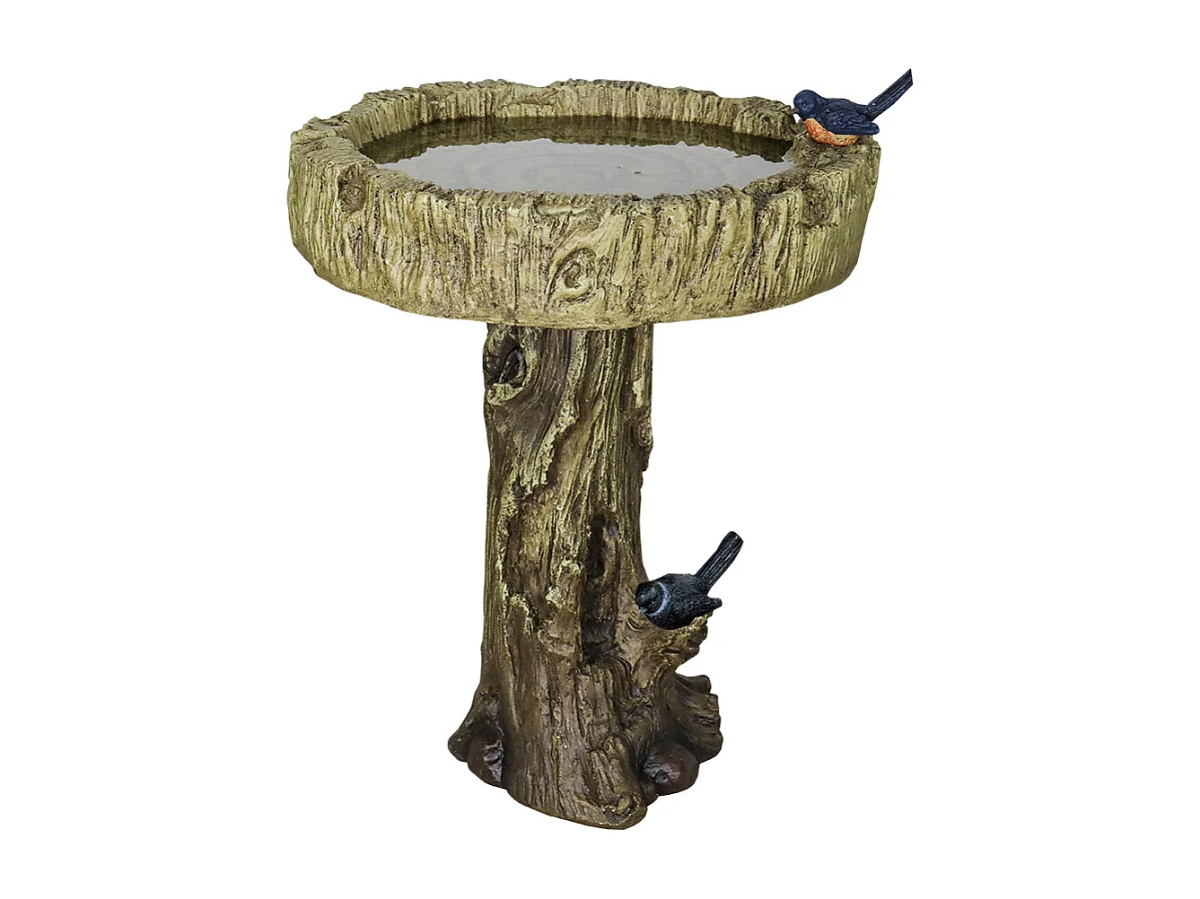 Bain d'oiseaux en béton imitation bois avec oiseau décoratif, résistant aux intempéries (46x46x62 cm)