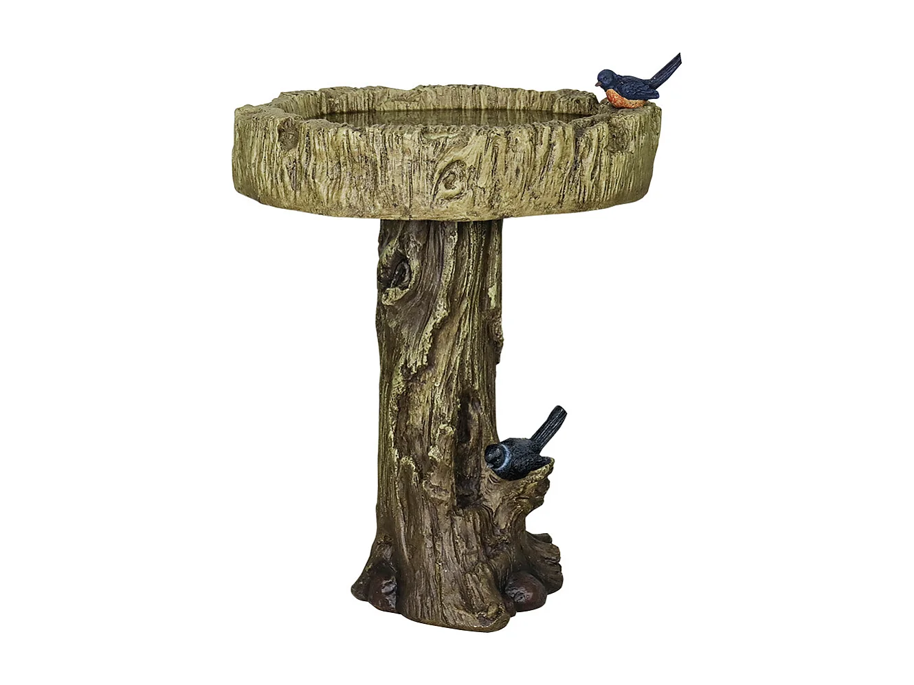 Bain d'oiseaux en béton imitation bois avec oiseau décoratif, résistant aux intempéries (46x46x62 cm)