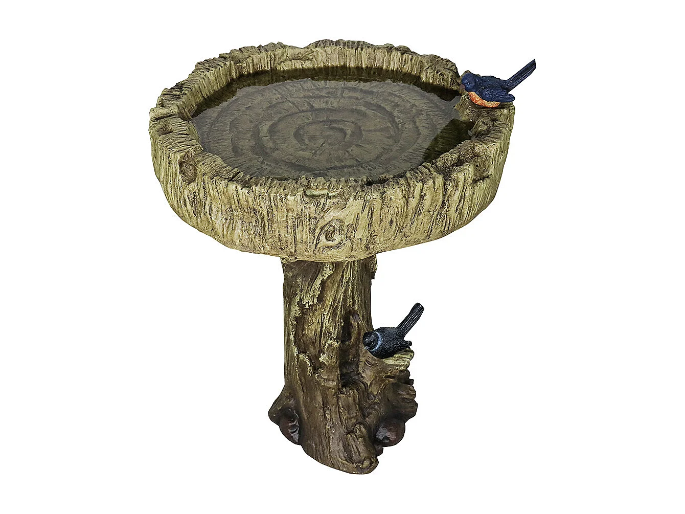 Bain d'oiseaux en béton imitation bois avec oiseau décoratif, résistant aux intempéries (46x46x62 cm)