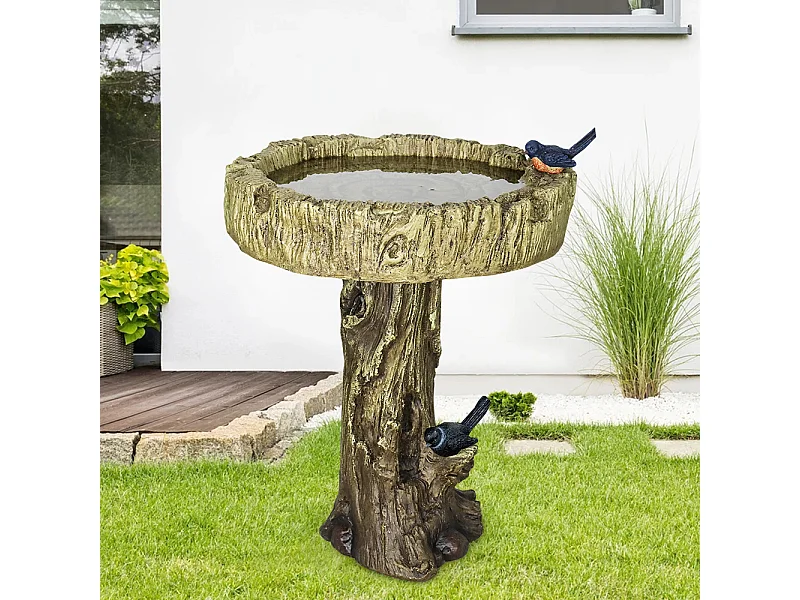 Bain d'oiseaux en béton imitation bois avec oiseau décoratif, résistant aux intempéries (46x46x62 cm)