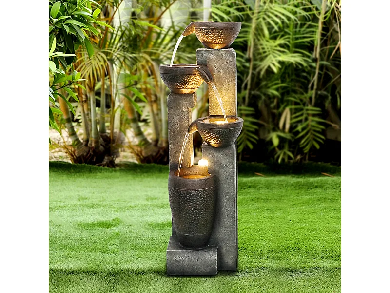 Fuente de jardín apilada con iluminación LED cálida, poliresina, gris y marrón (33 x 33 x 102 cm)