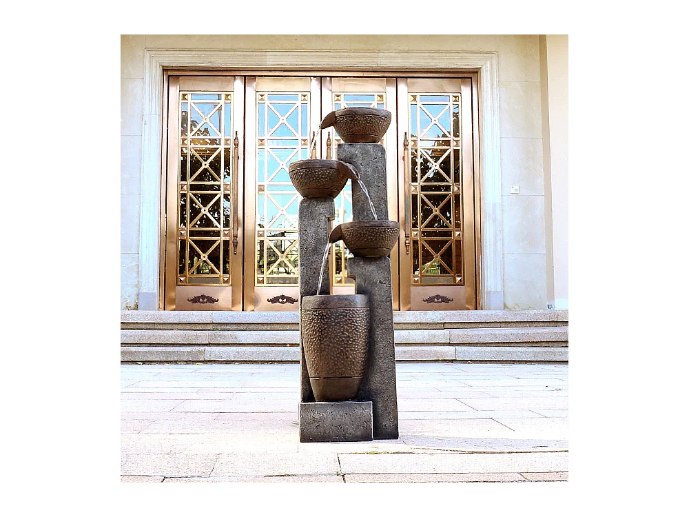 Fuente de jardín apilada con iluminación LED cálida, poliresina, gris y marrón (33 x 33 x 102 cm)