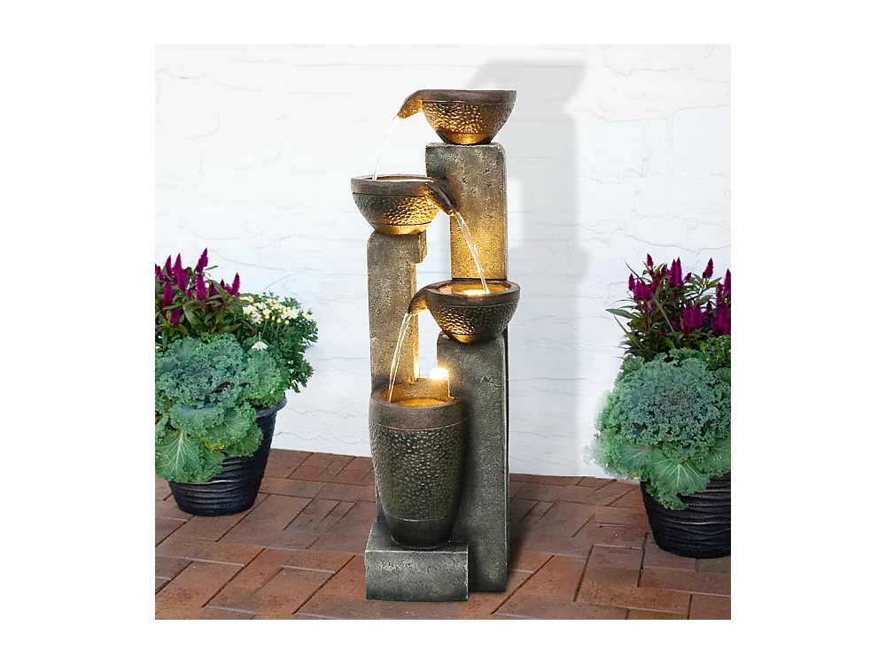 Fuente de jardín apilada con iluminación LED cálida, poliresina, gris y marrón (33 x 33 x 102 cm)