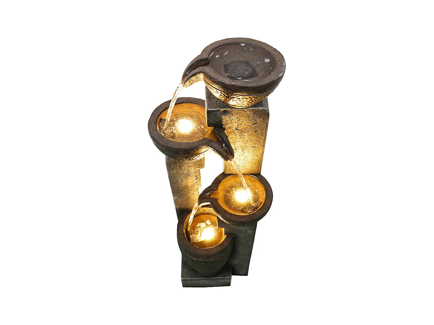 Fuente de jardín apilada con iluminación LED cálida, poliresina, gris y marrón (33 x 33 x 102 cm)