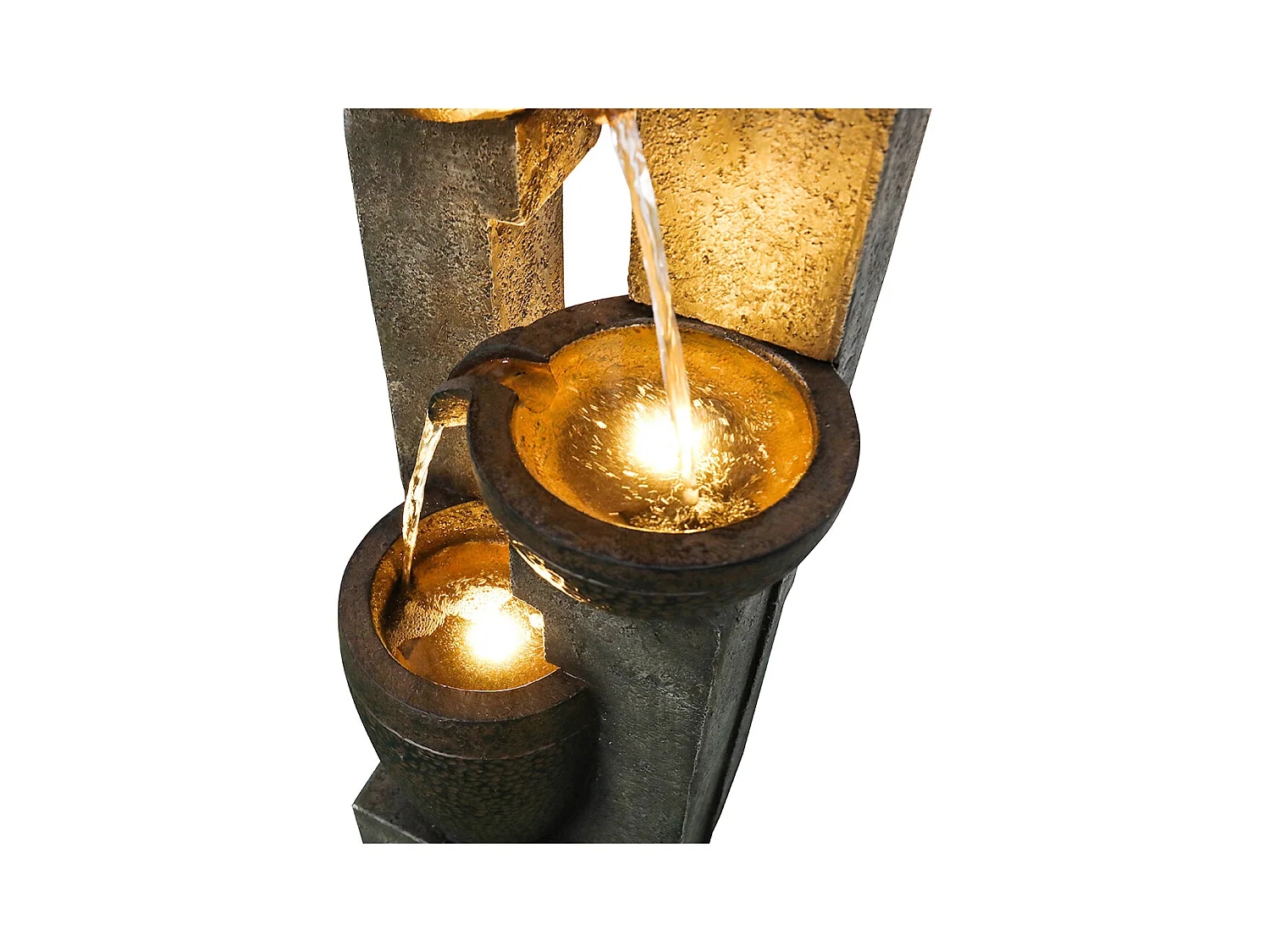 Fuente de jardín apilada con iluminación LED cálida, poliresina, gris y marrón (33 x 33 x 102 cm)