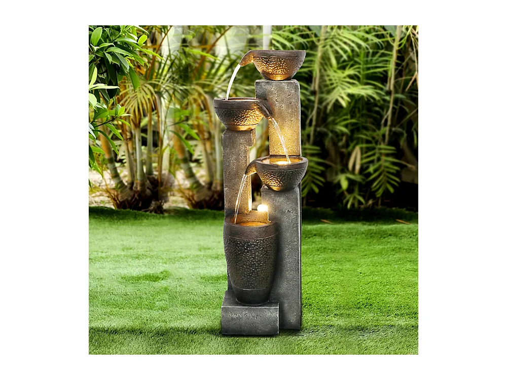 Fontaine de jardin à pots empilés avec éclairage LED chaud, polyrésine, gris et marron (33x33x102 cm)