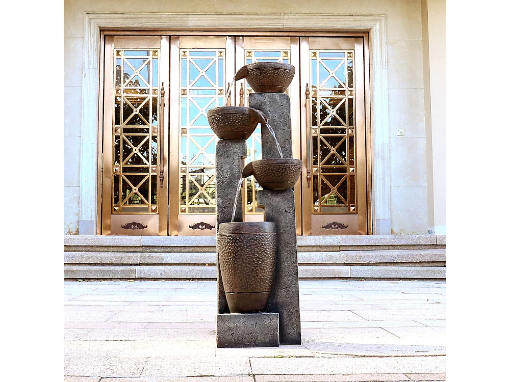 Fuente de jardín apilada con iluminación LED cálida, poliresina, gris y marrón (33 x 33 x 102 cm)