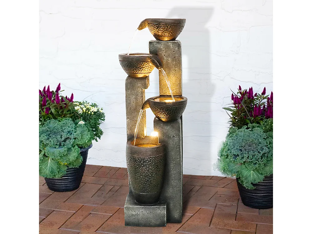 Fuente de jardín apilada con iluminación LED cálida, poliresina, gris y marrón (33 x 33 x 102 cm)