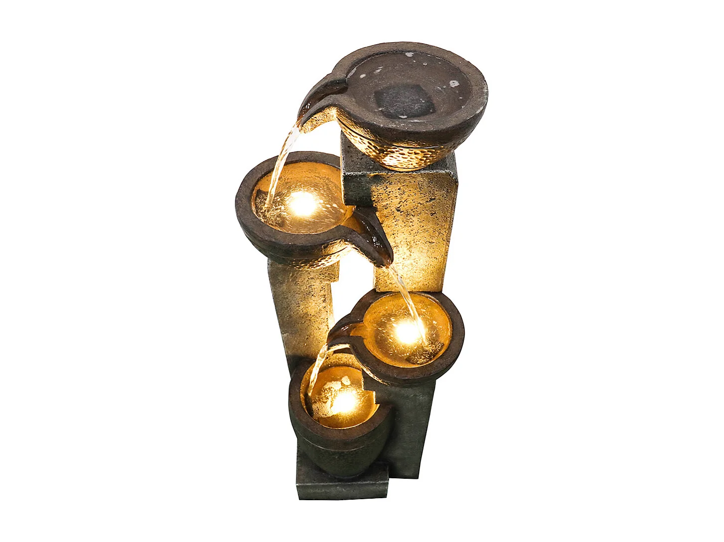 Fuente de jardín apilada con iluminación LED cálida, poliresina, gris y marrón (33 x 33 x 102 cm)