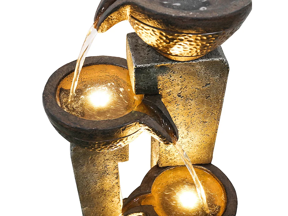 Fuente de jardín apilada con iluminación LED cálida, poliresina, gris y marrón (33 x 33 x 102 cm)