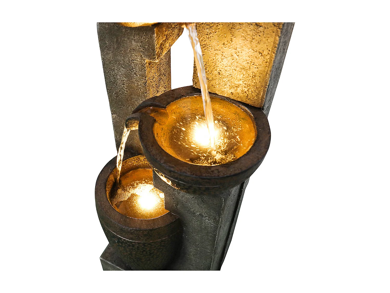 Fuente de jardín apilada con iluminación LED cálida, poliresina, gris y marrón (33 x 33 x 102 cm)