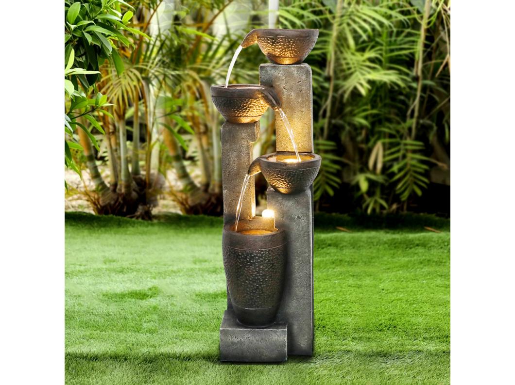 Fontaine de jardin à pots empilés avec éclairage LED chaud, polyrésine, gris et marron (33x33x102 cm)