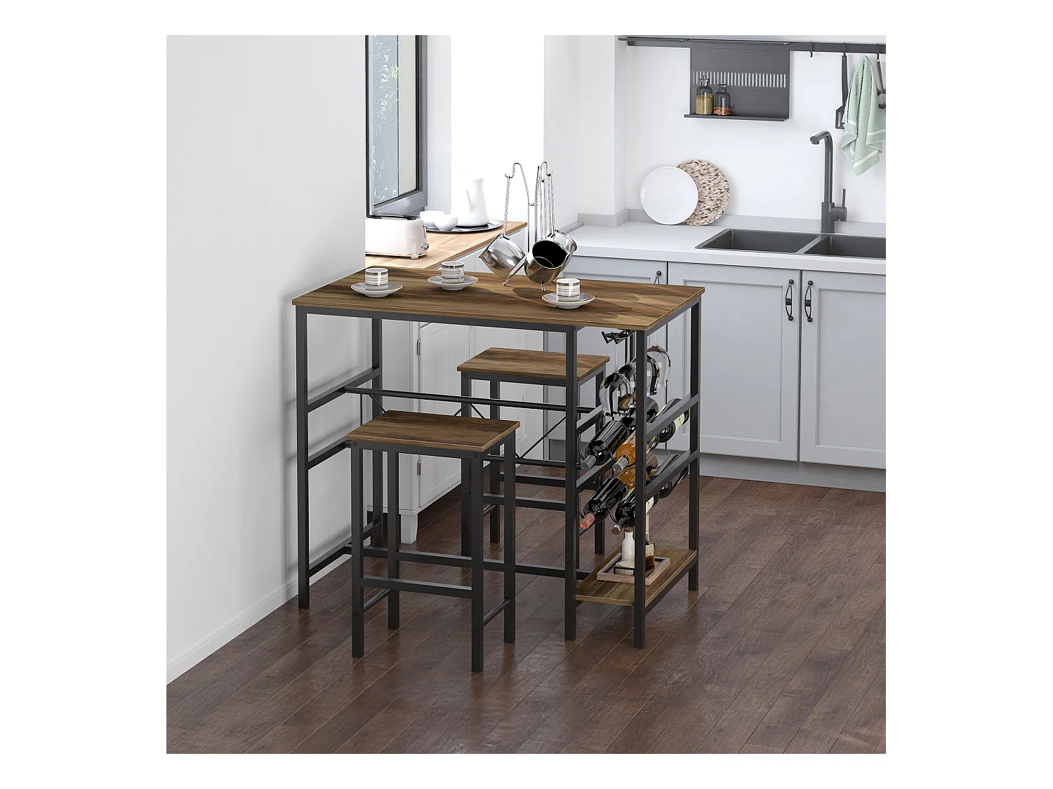 Table de bar avec 2 tabourets, set de 3 pièces, bois et acier, noir et naturel (108x60x95 cm)