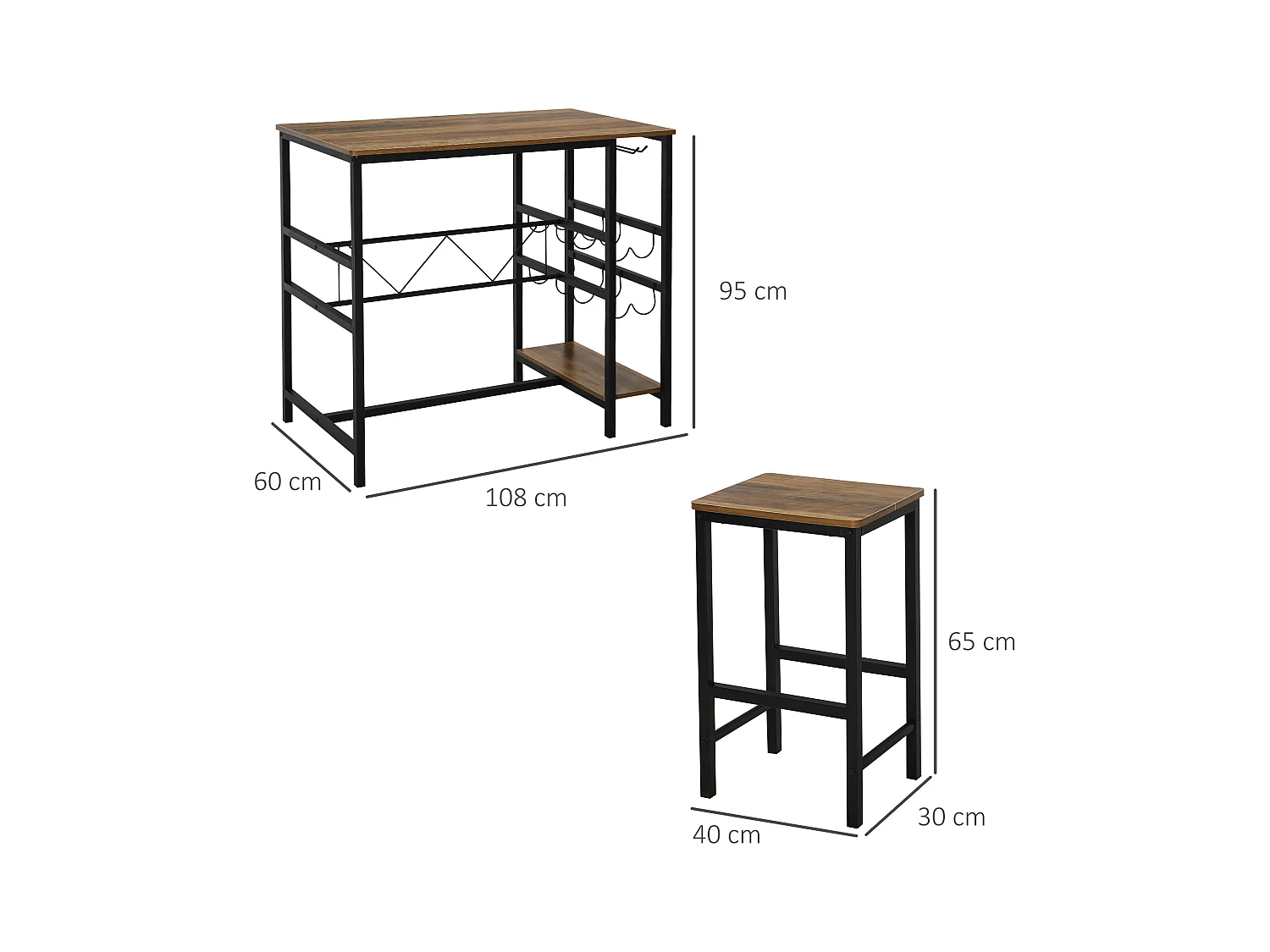 Table de bar avec 2 tabourets, set de 3 pièces, bois et acier, noir et naturel (108x60x95 cm)