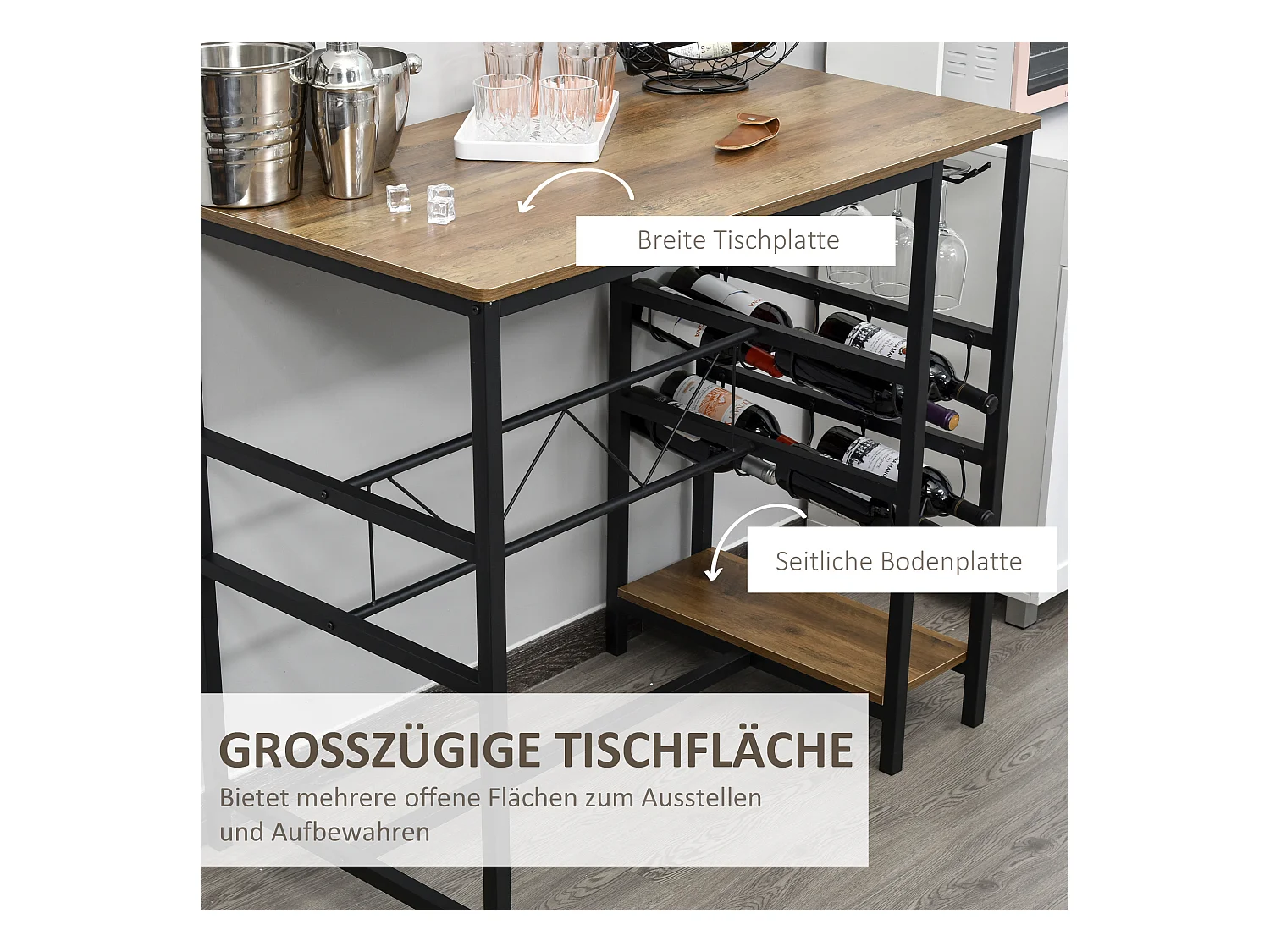 Table de bar avec 2 tabourets, set de 3 pièces, bois et acier, noir et naturel (108x60x95 cm)