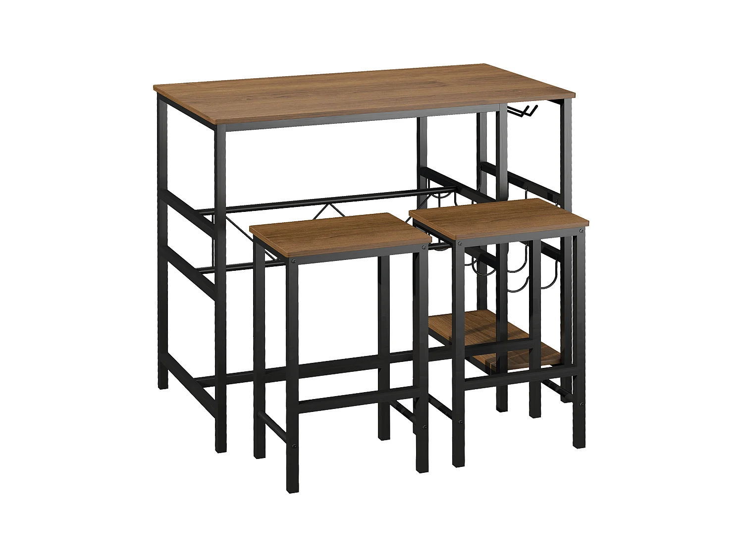 Bartafel met 2 krukken, set van 3, hout en staal, zwart en naturel (108x60x95 cm)