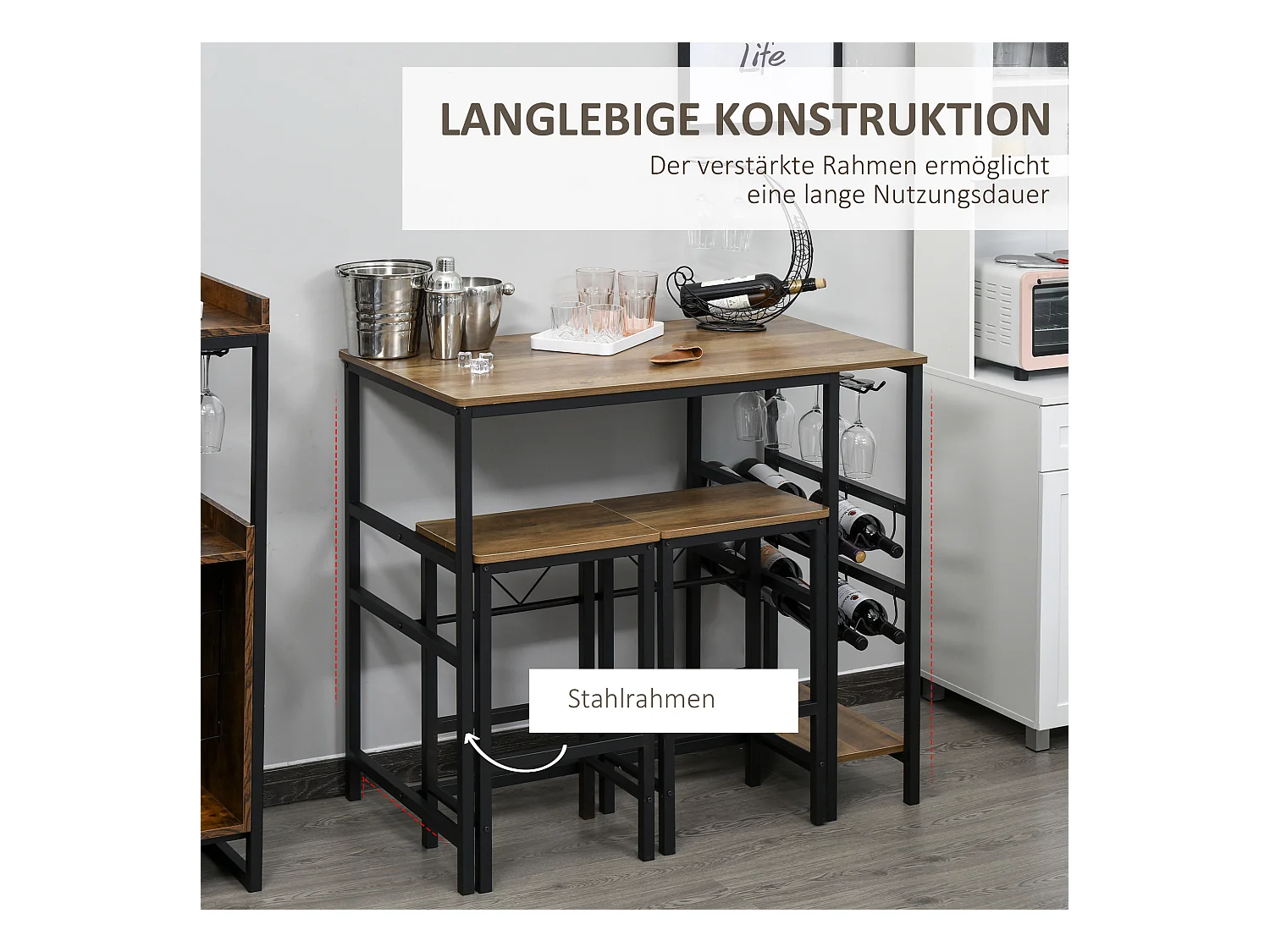 Table de bar avec 2 tabourets, set de 3 pièces, bois et acier, noir et naturel (108x60x95 cm)