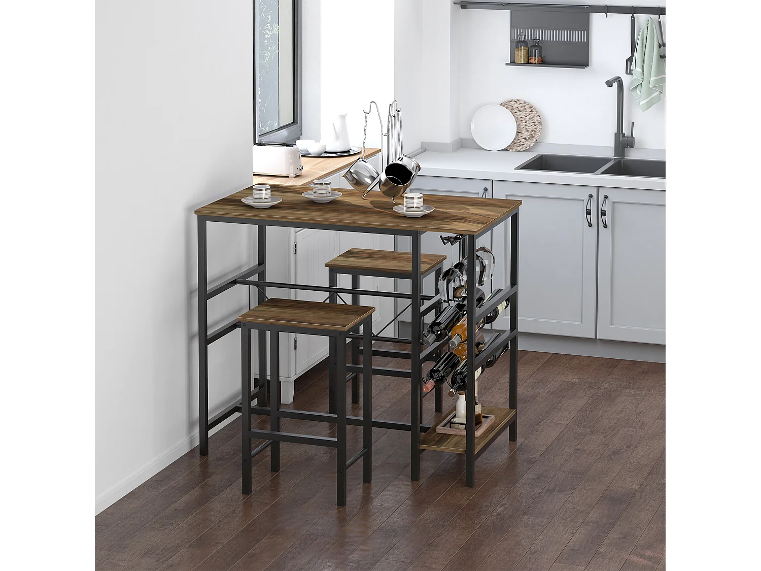 Table de bar avec 2 tabourets, set de 3 pièces, bois et acier, noir et naturel (108x60x95 cm)