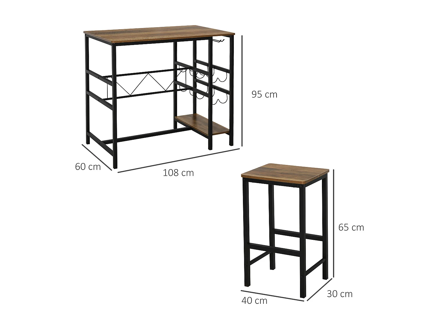 Table de bar avec 2 tabourets, set de 3 pièces, bois et acier, noir et naturel (108x60x95 cm)