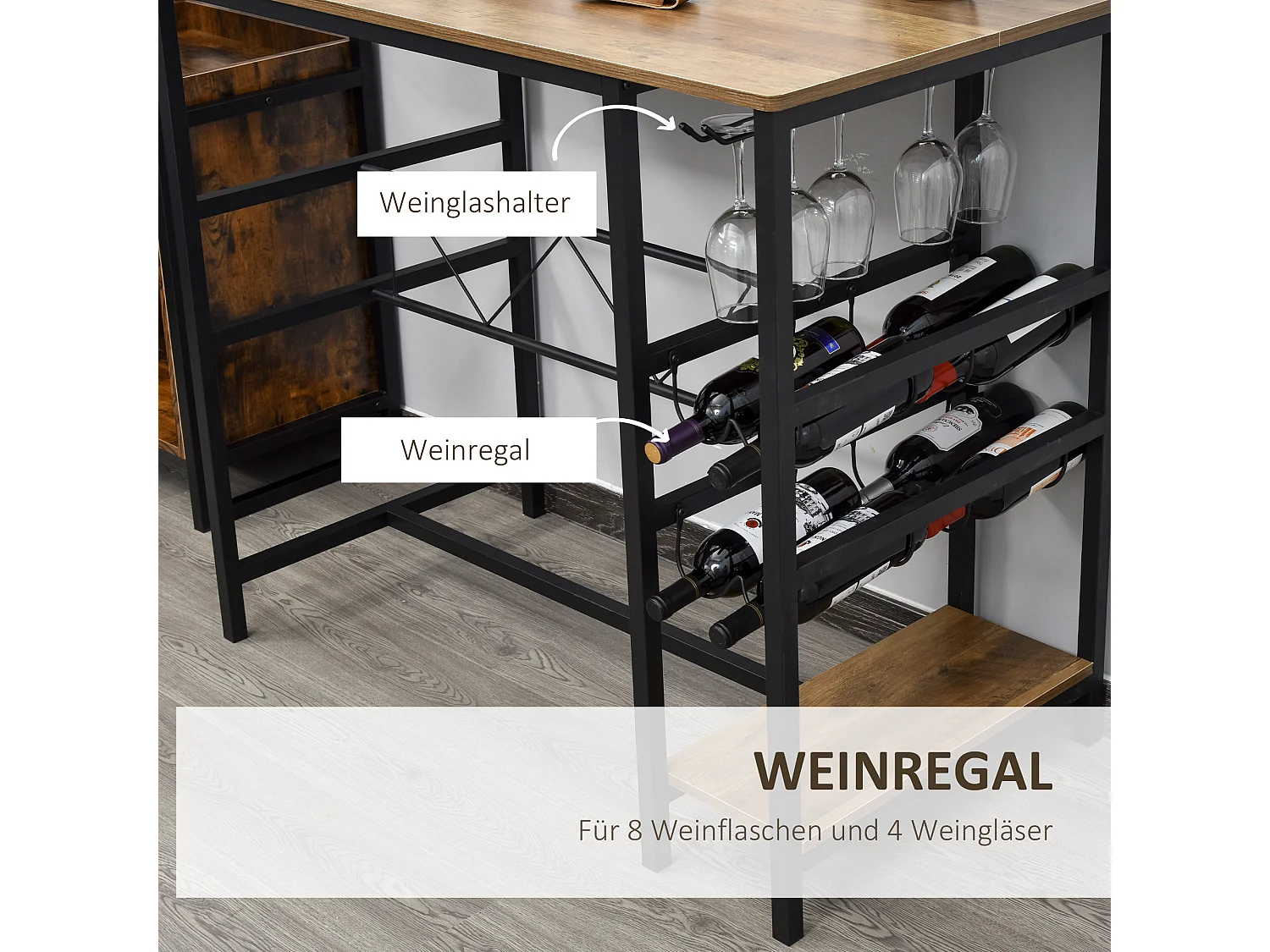 Table de bar avec 2 tabourets, set de 3 pièces, bois et acier, noir et naturel (108x60x95 cm)