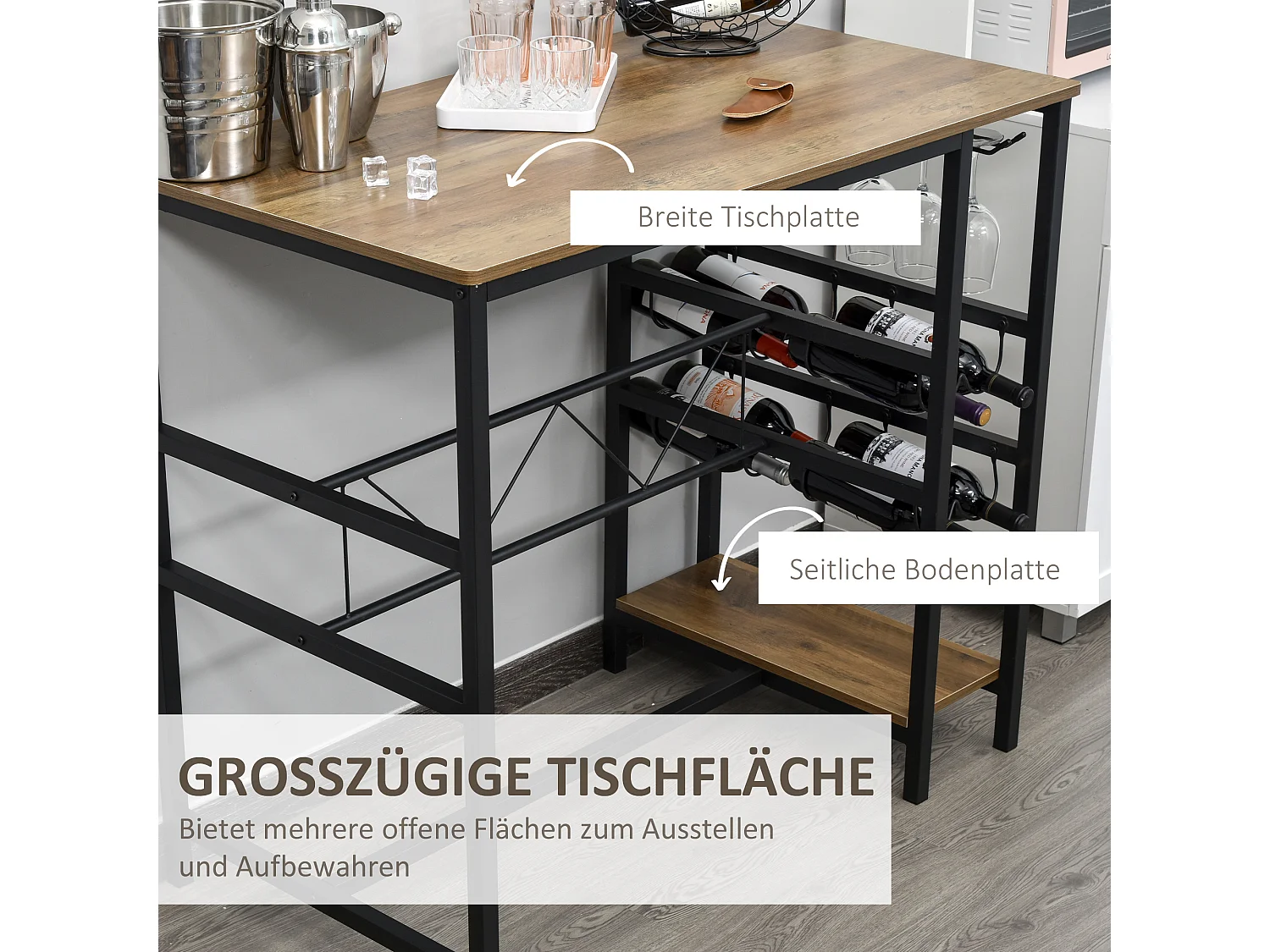 Table de bar avec 2 tabourets, set de 3 pièces, bois et acier, noir et naturel (108x60x95 cm)