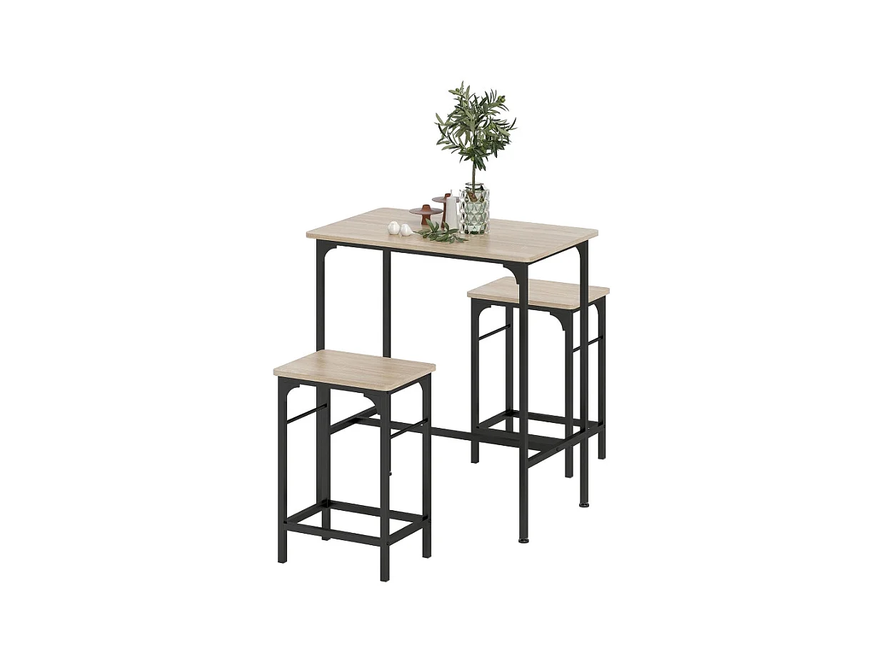 Ensemble de bar avec table extensible, 2 tabourets, métal, bois, design moderne, (80x50x87 cm)