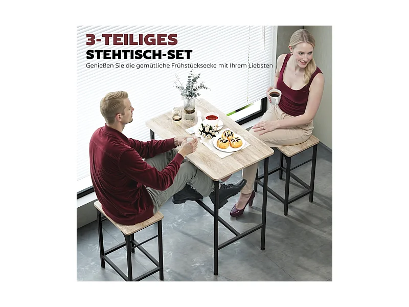 Ensemble de bar avec table extensible, 2 tabourets, métal, bois, design moderne, (80x50x87 cm)