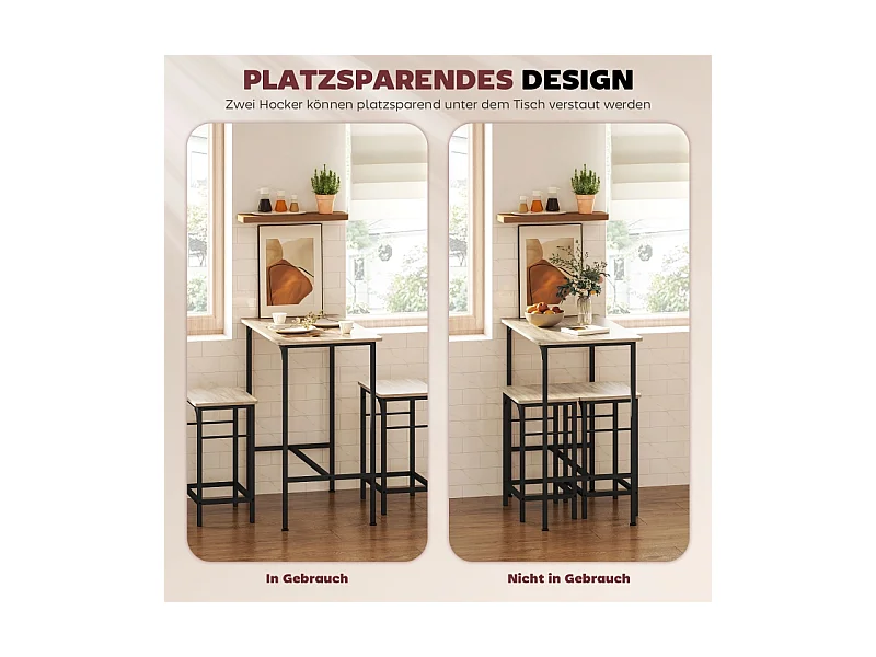 Ensemble de bar avec table extensible, 2 tabourets, métal, bois, design moderne, (80x50x87 cm)