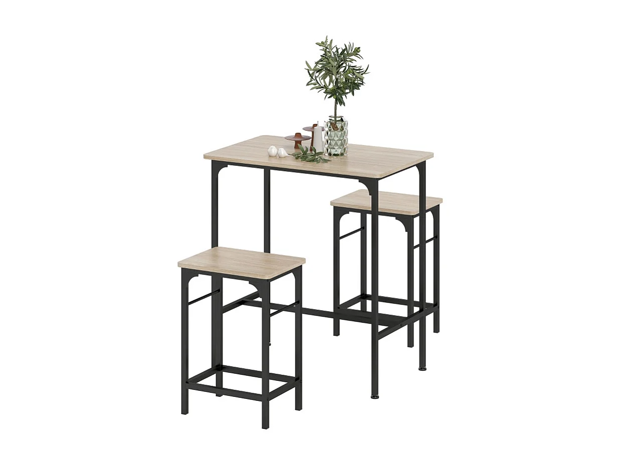 Ensemble de bar avec table extensible, 2 tabourets, métal, bois, design moderne, (80x50x87 cm)