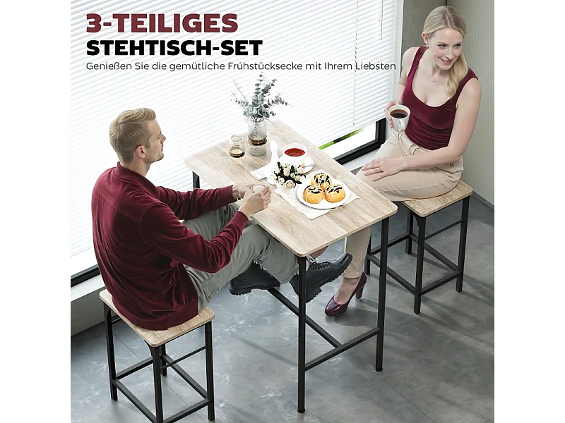 Ensemble de bar avec table extensible, 2 tabourets, métal, bois, design moderne, (80x50x87 cm)