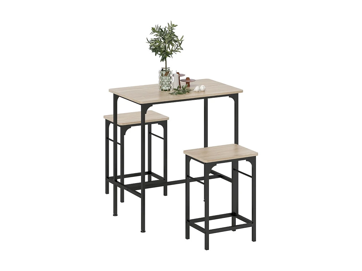 Ensemble de bar avec table extensible, 2 tabourets, métal, bois, design moderne, (80x50x87 cm)
