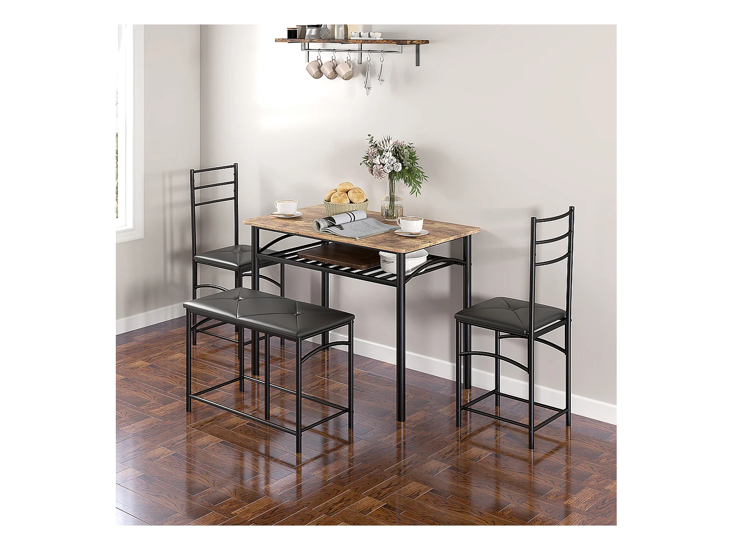 Ensemble de salle à manger 4 pièces, table avec 2 chaises et banc, design compact, métal et MDF, marron (100x60x74.5 cm)