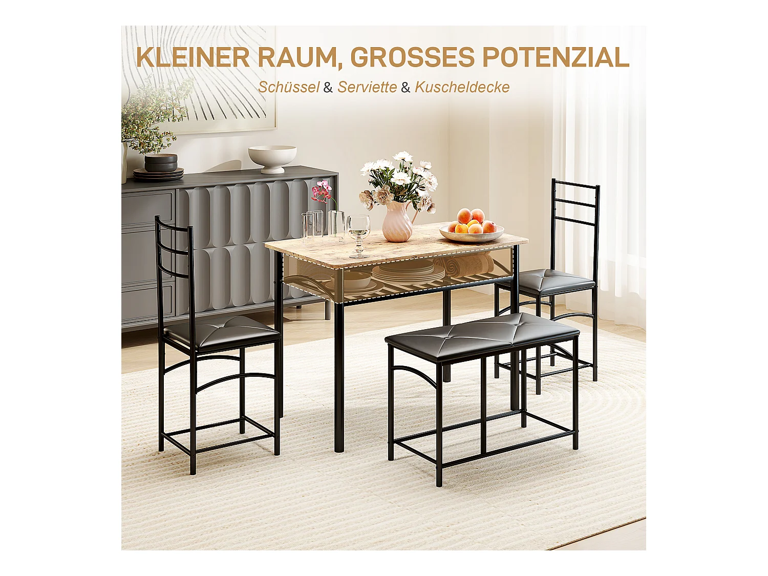 Ensemble de salle à manger 4 pièces, table avec 2 chaises et banc, design compact, métal et MDF, marron (100x60x74.5 cm)