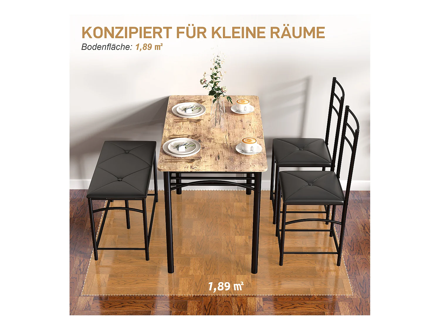 Ensemble de salle à manger 4 pièces, table avec 2 chaises et banc, design compact, métal et MDF, marron (100x60x74.5 cm)