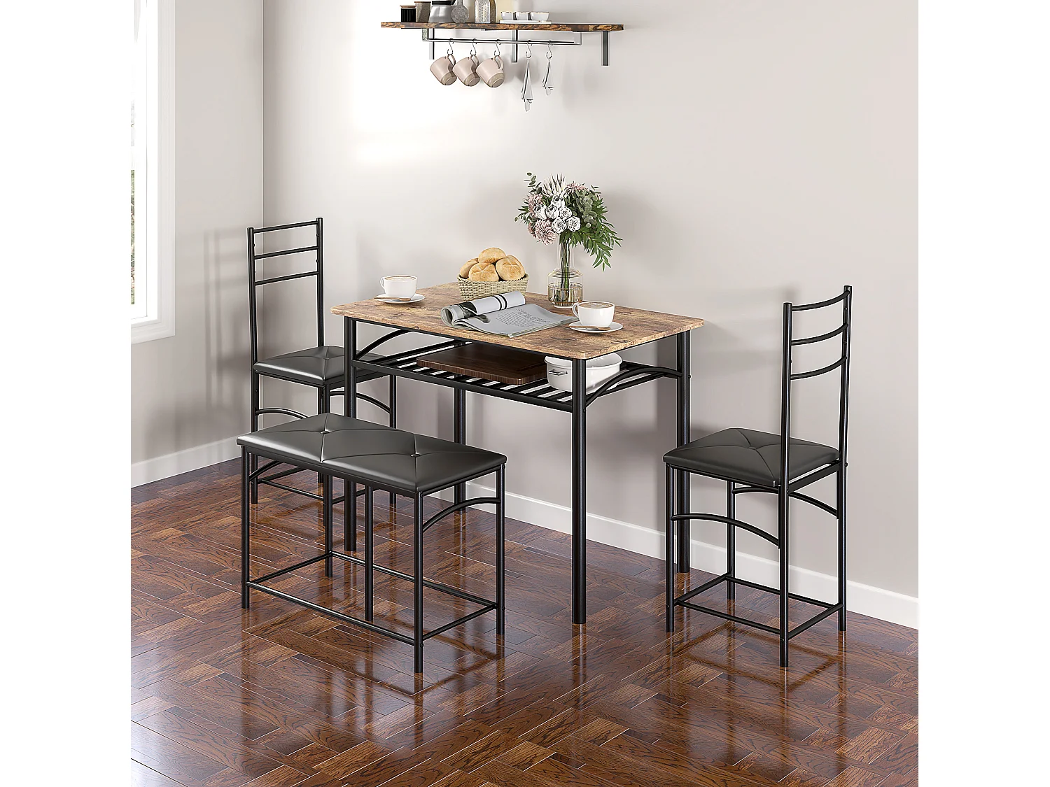 Ensemble de salle à manger 4 pièces, table avec 2 chaises et banc, design compact, métal et MDF, marron (100x60x74.5 cm)