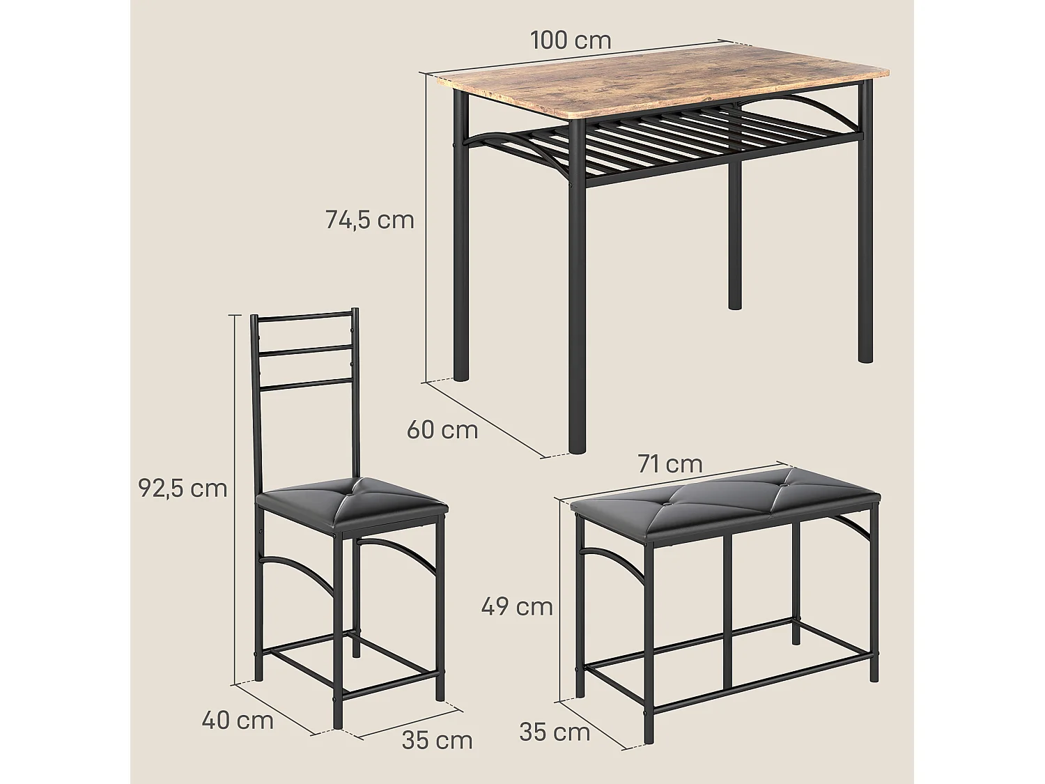 Ensemble de salle à manger 4 pièces, table avec 2 chaises et banc, design compact, métal et MDF, marron (100x60x74.5 cm)