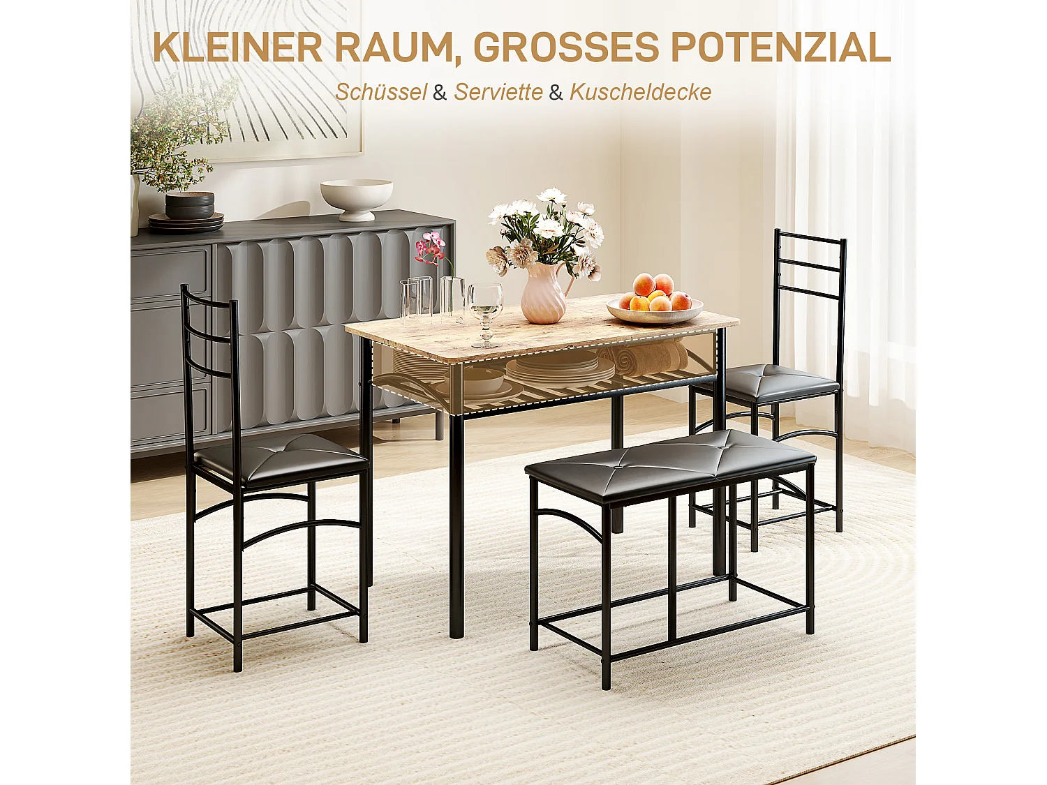 Ensemble de salle à manger 4 pièces, table avec 2 chaises et banc, design compact, métal et MDF, marron (100x60x74.5 cm)