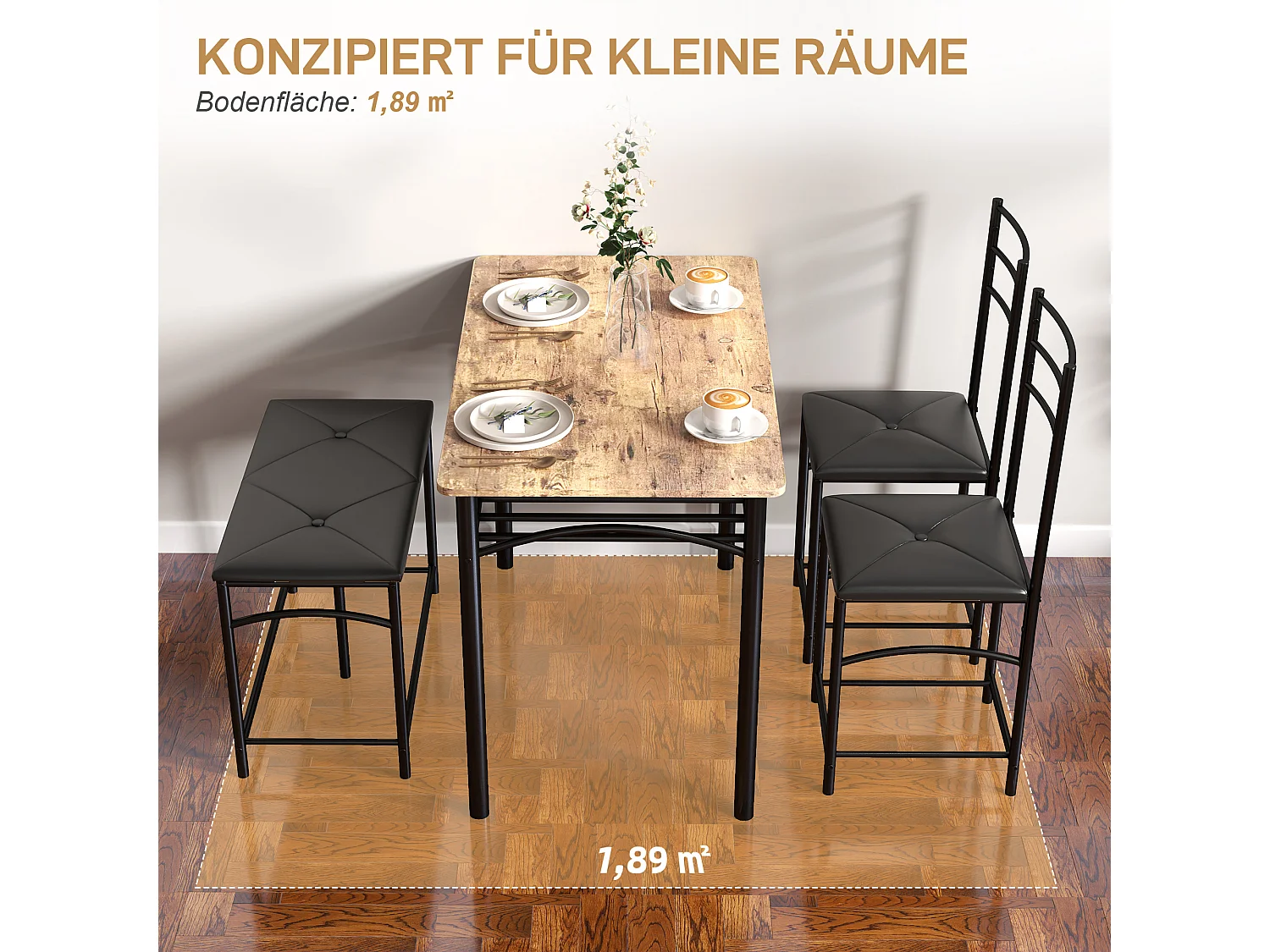 Ensemble de salle à manger 4 pièces, table avec 2 chaises et banc, design compact, métal et MDF, marron (100x60x74.5 cm)