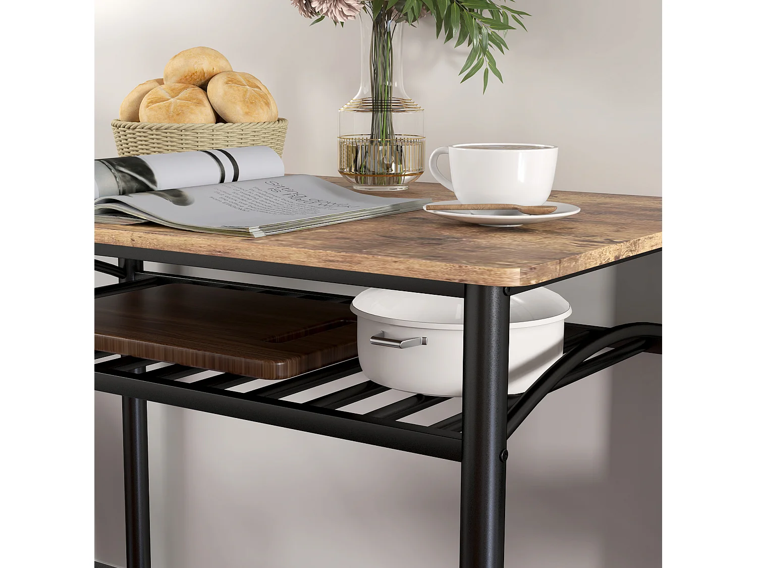 Ensemble de salle à manger 4 pièces, table avec 2 chaises et banc, design compact, métal et MDF, marron (100x60x74.5 cm)