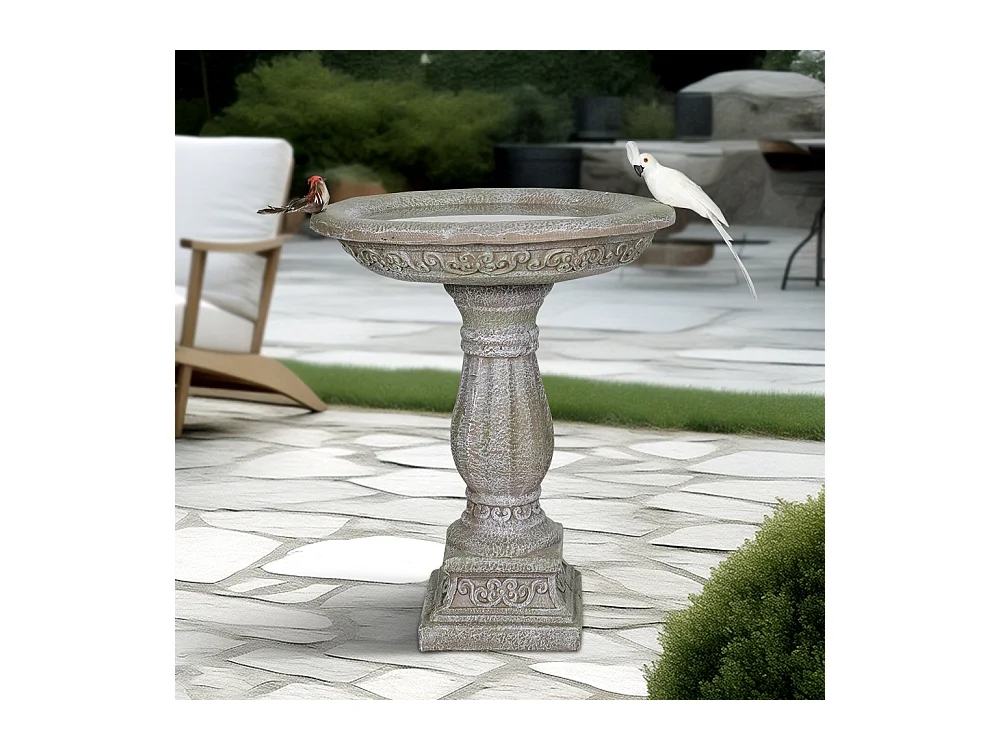 Bain d'oiseaux en béton avec socle sculpté, design élégant, gris clair (51x51x60.5 cm)