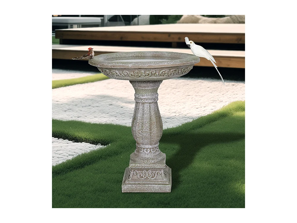Bain d'oiseaux en béton avec socle sculpté, design élégant, gris clair (51x51x60.5 cm)
