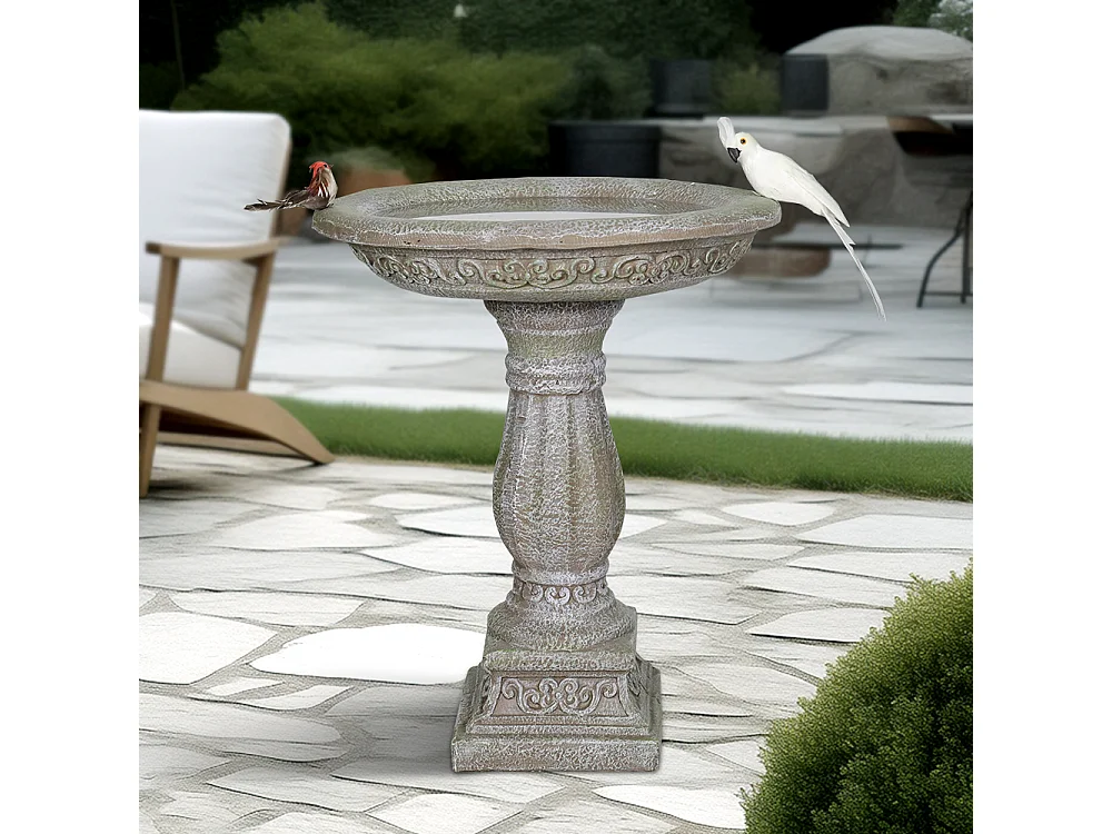 Bain d'oiseaux en béton avec socle sculpté, design élégant, gris clair (51x51x60.5 cm)