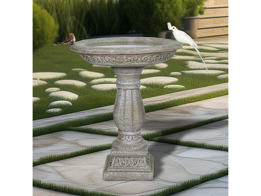 Bain d'oiseaux en béton avec socle sculpté, design élégant, gris clair (51x51x60.5 cm)