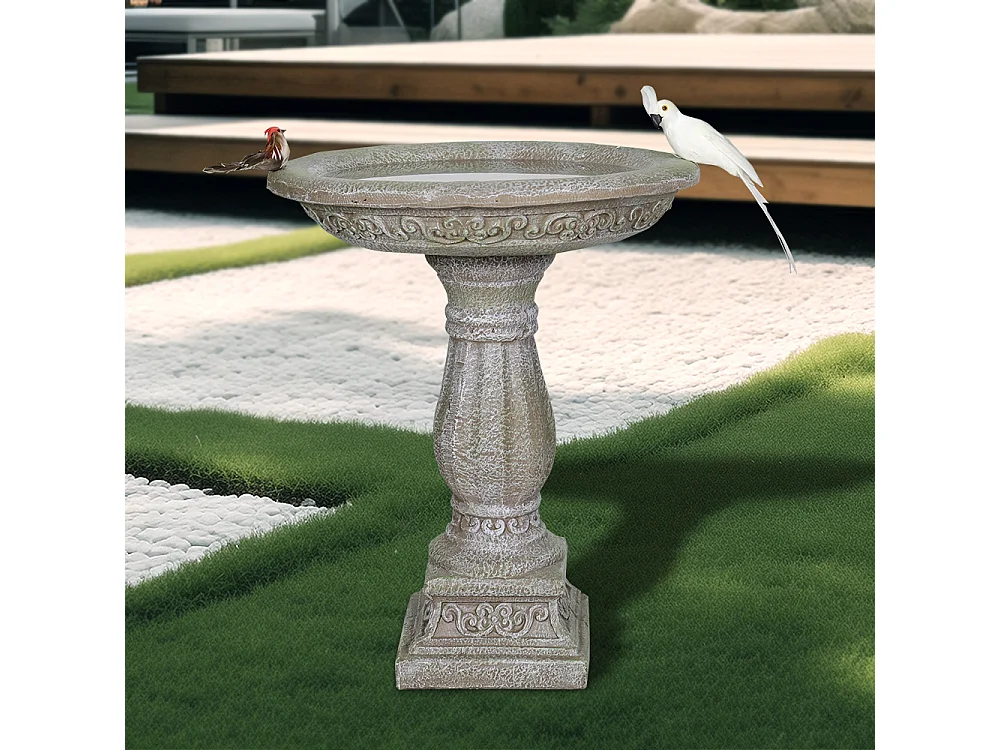 Bain d'oiseaux en béton avec socle sculpté, design élégant, gris clair (51x51x60.5 cm)