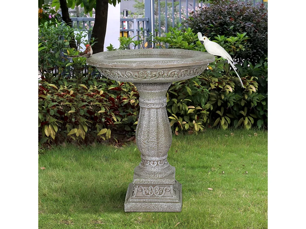 Bain d'oiseaux en béton avec socle sculpté, design élégant, gris clair (51x51x60.5 cm)