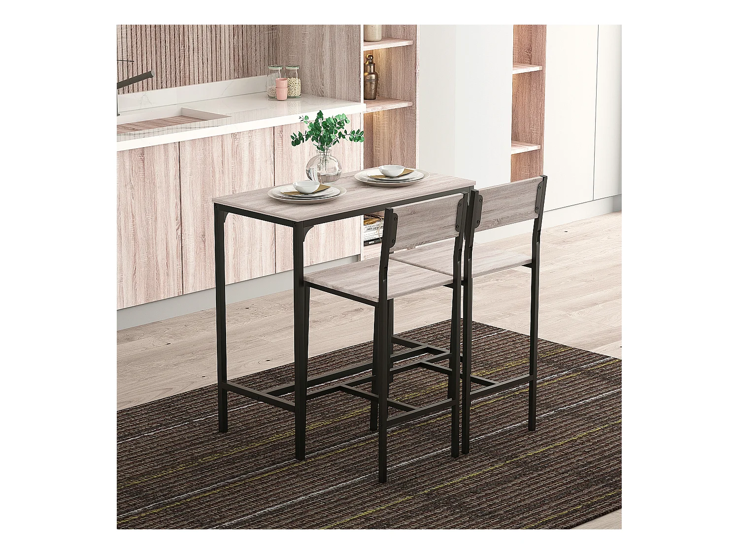 Ensemble de bar avec table et 2 chaises, design moderne, MDF, naturel et noir (89x45x87 cm)