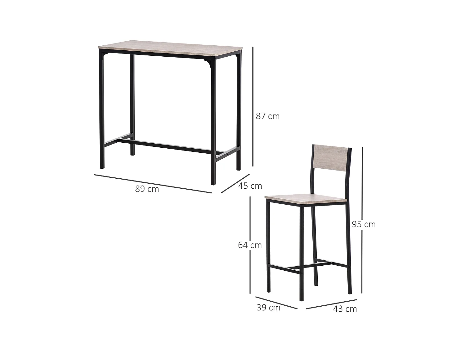 Ensemble de bar avec table et 2 chaises, design moderne, MDF, naturel et noir (89x45x87 cm)