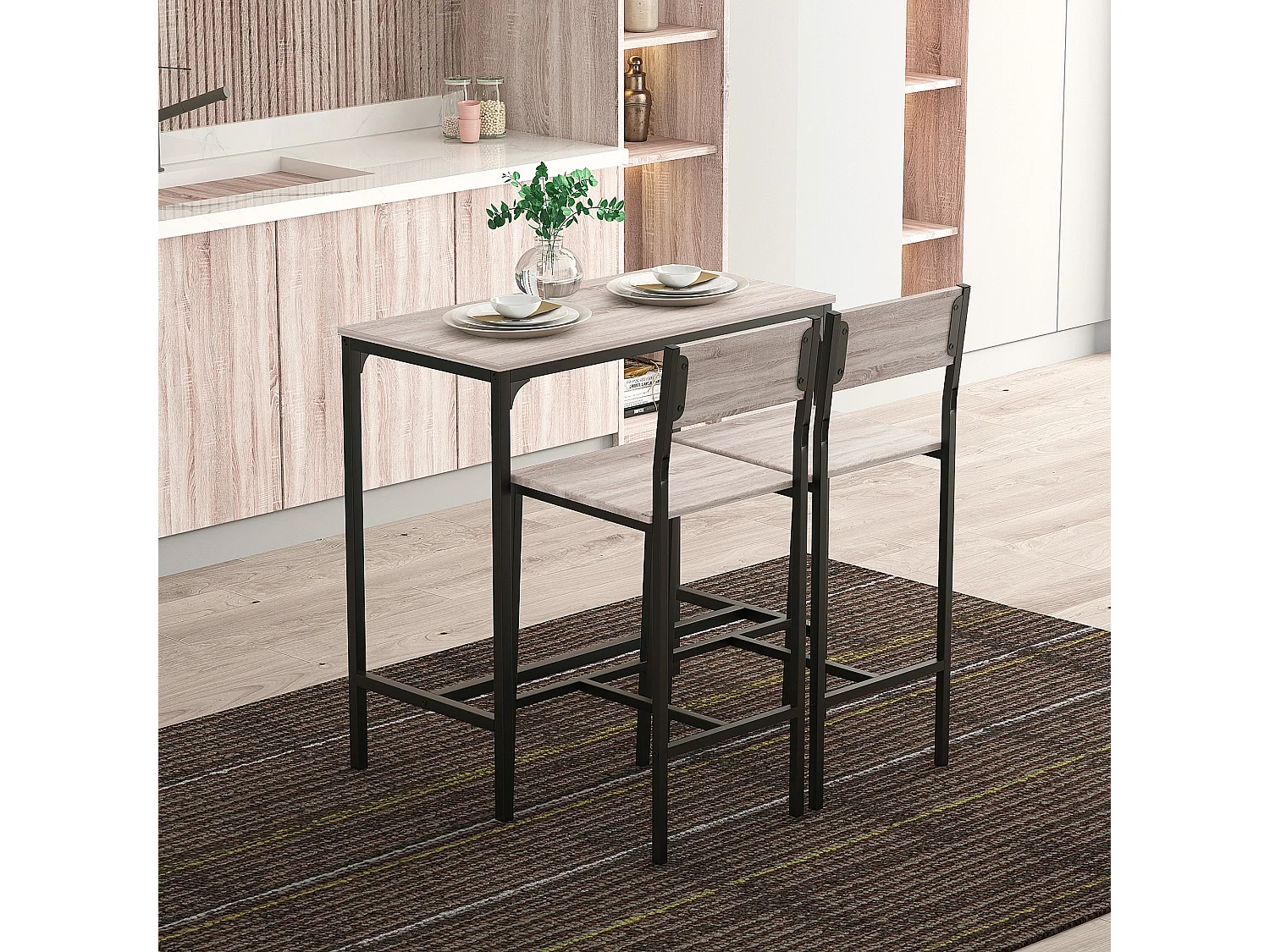Ensemble de bar avec table et 2 chaises, design moderne, MDF, naturel et noir (89x45x87 cm)
