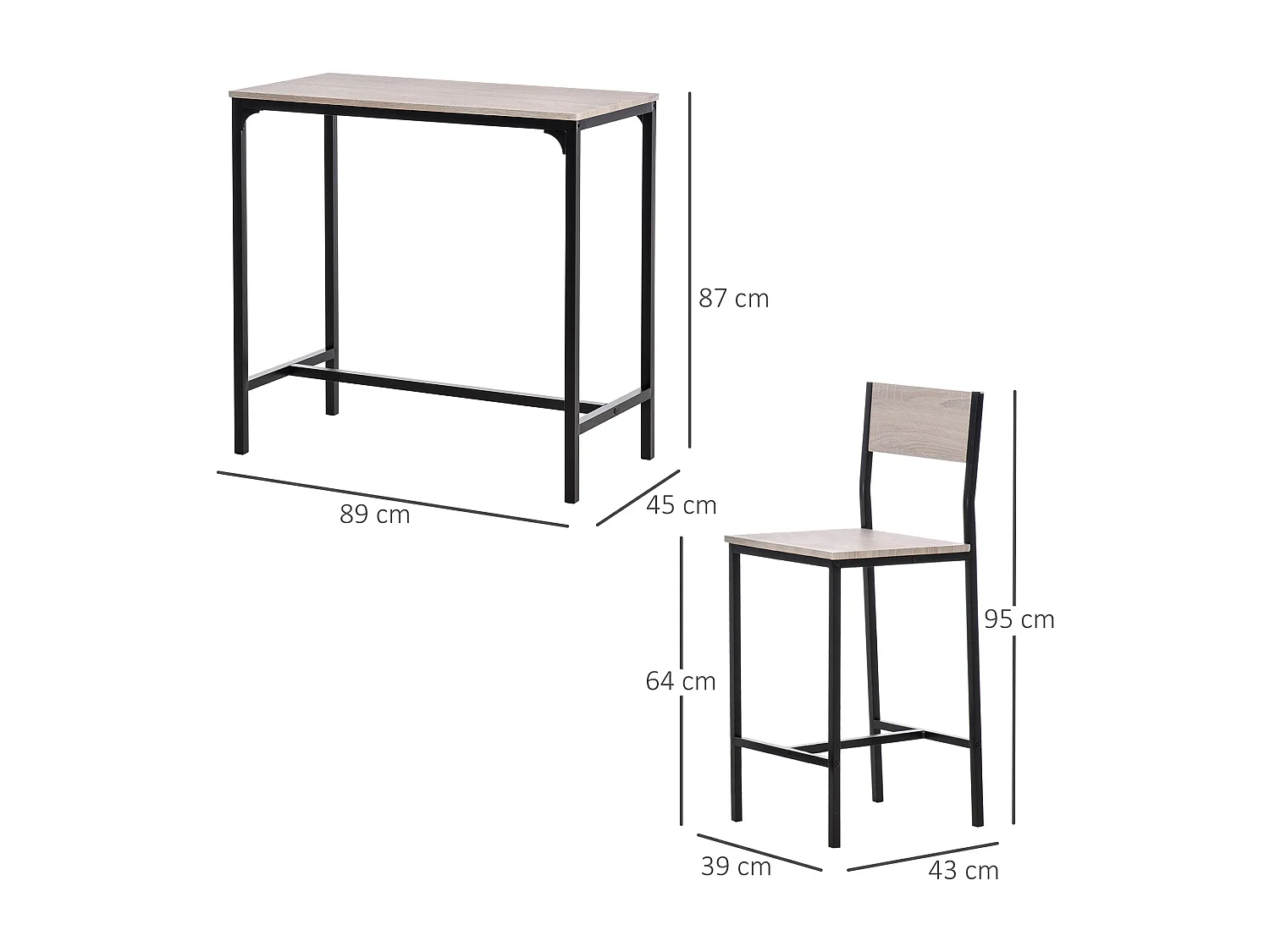 Ensemble de bar avec table et 2 chaises, design moderne, MDF, naturel et noir (89x45x87 cm)