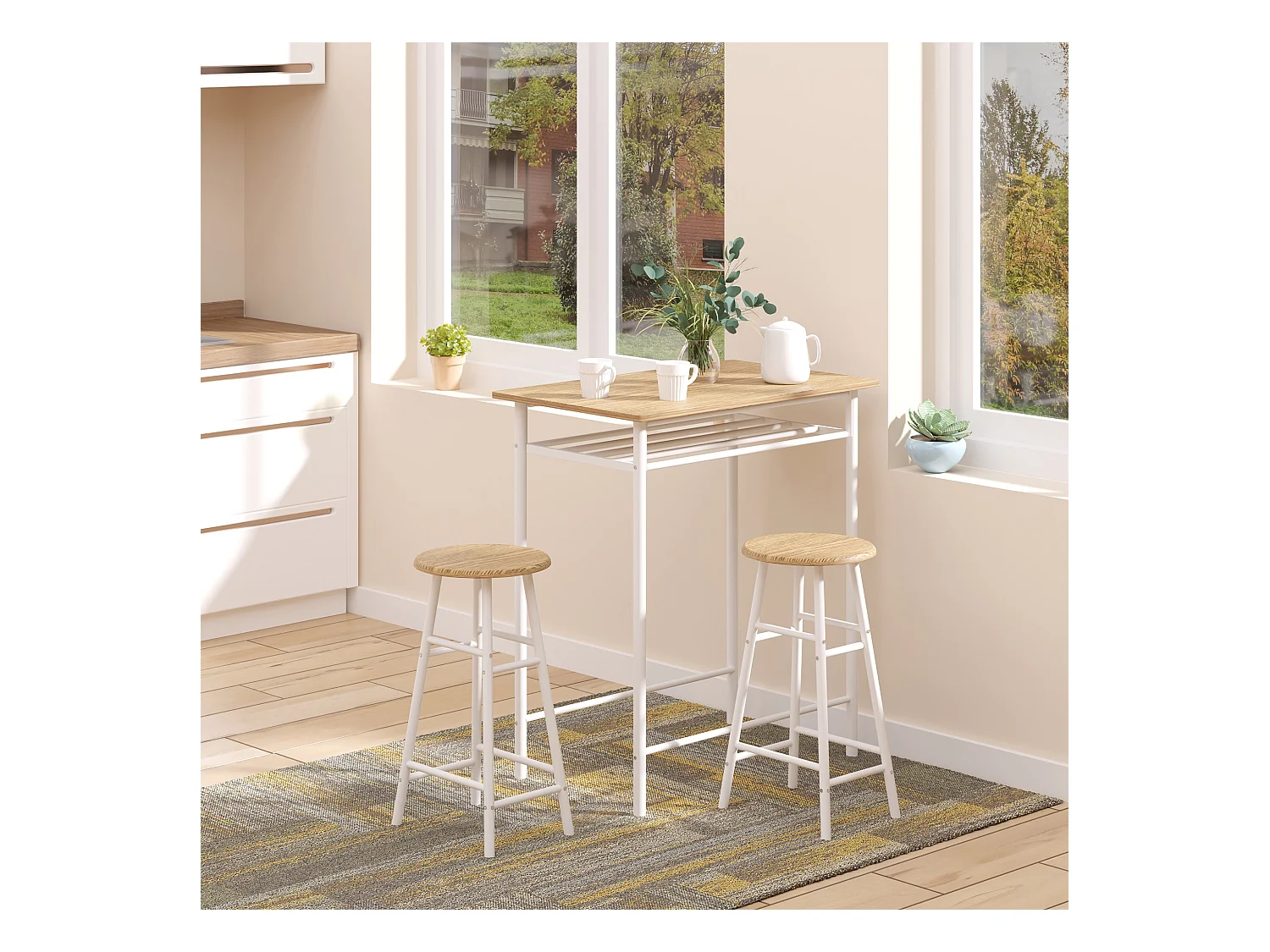 Ensemble de table de bar avec 2 tabourets, design industriel, MDF, métal, blanc et chêne (80x50x90 cm)